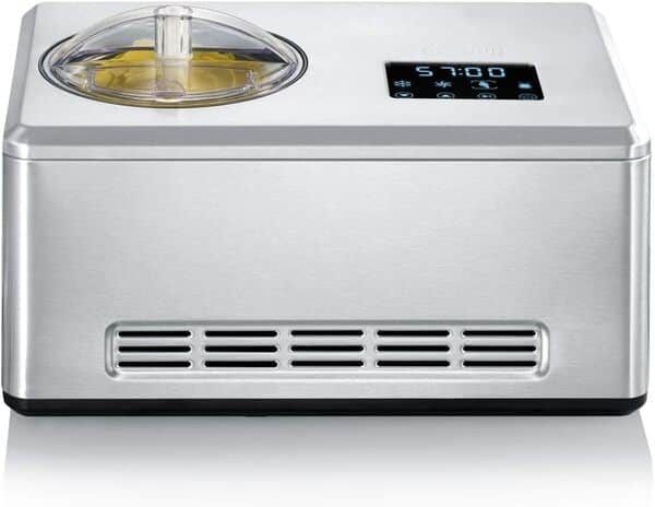 SEVERIN EZ 7405 Sorbetière 2-en-1, Comprend un contenant de glace (2L) et un livre de recettes, Minuterie numérique, Ouverture du couvercle, Argent