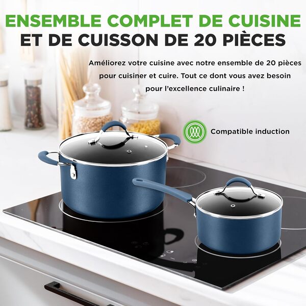 Nutrichef Ensemble de Batterie de Cuisine et de Pâtisserie, Ustensiles de Cuisine et Poêles Antiadhésifs, Adapté pour les Cuisinières à Gaz, Électriques, Induction, Poignées Cool-Touch, 20 Pièces
