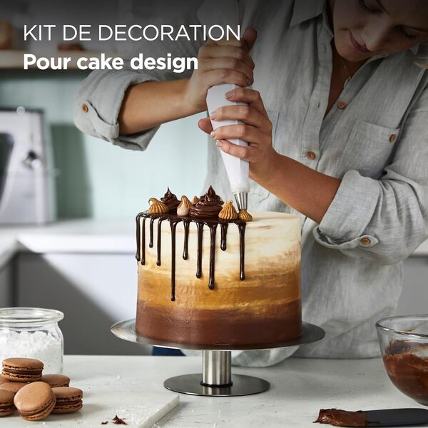 Kenwood KWSD100 Decorating Set de Pâtisserie, Plateau à Gâteaux en acier inoxydable, spatules, sac à douille et manchon de décoration en acier inoxydable, Argenté