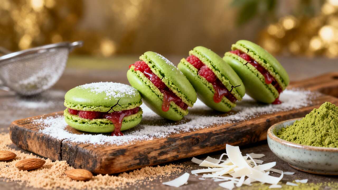 Macarons framboise et thé matcha : recette gourmande
