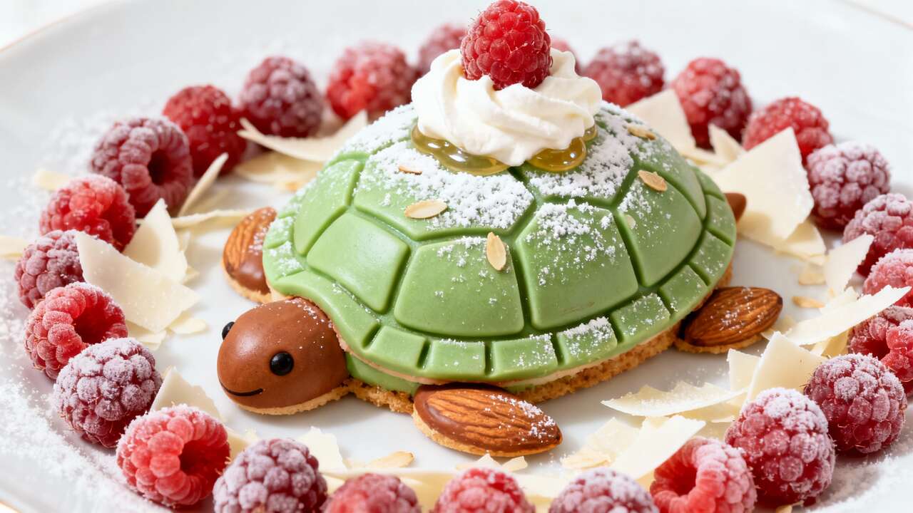 Gâteau d'anniversaire tortue : entremets amande et framboise