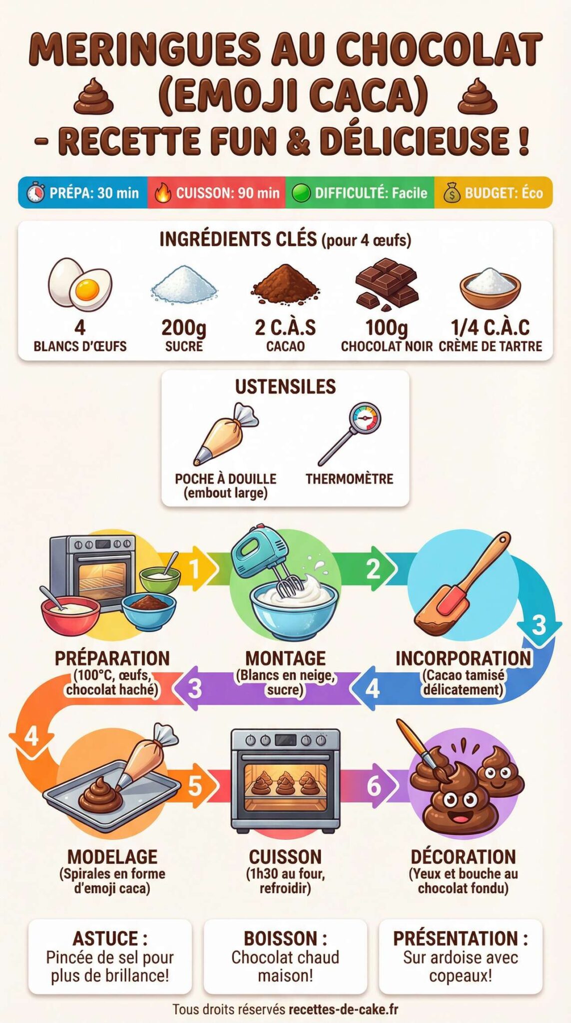 Infographie de la recette Recette de meringues au chocolat en forme d'emoji caca Infographie de la recette Recette de meringues au chocolat en forme d'emoji caca