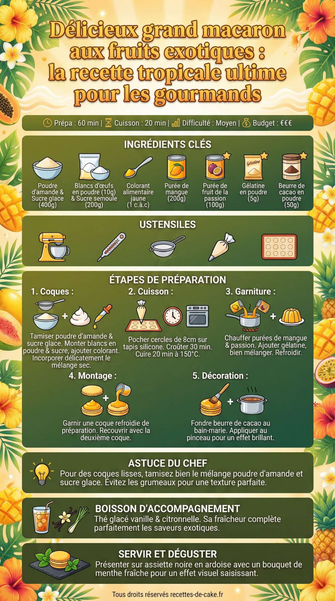 Infographie de la recette D&eacute;licieux grand macaron aux fruits exotiques : la recette tropicale ultime pour les gourmands