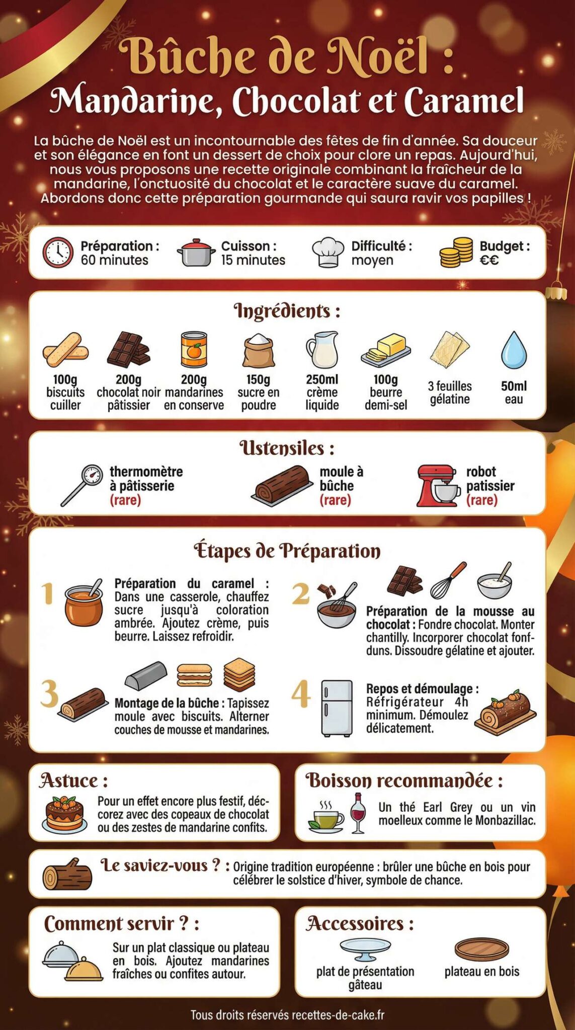 Infographie de la recette B&ucirc;che de No&euml;l : mandarine, chocolat et caramel