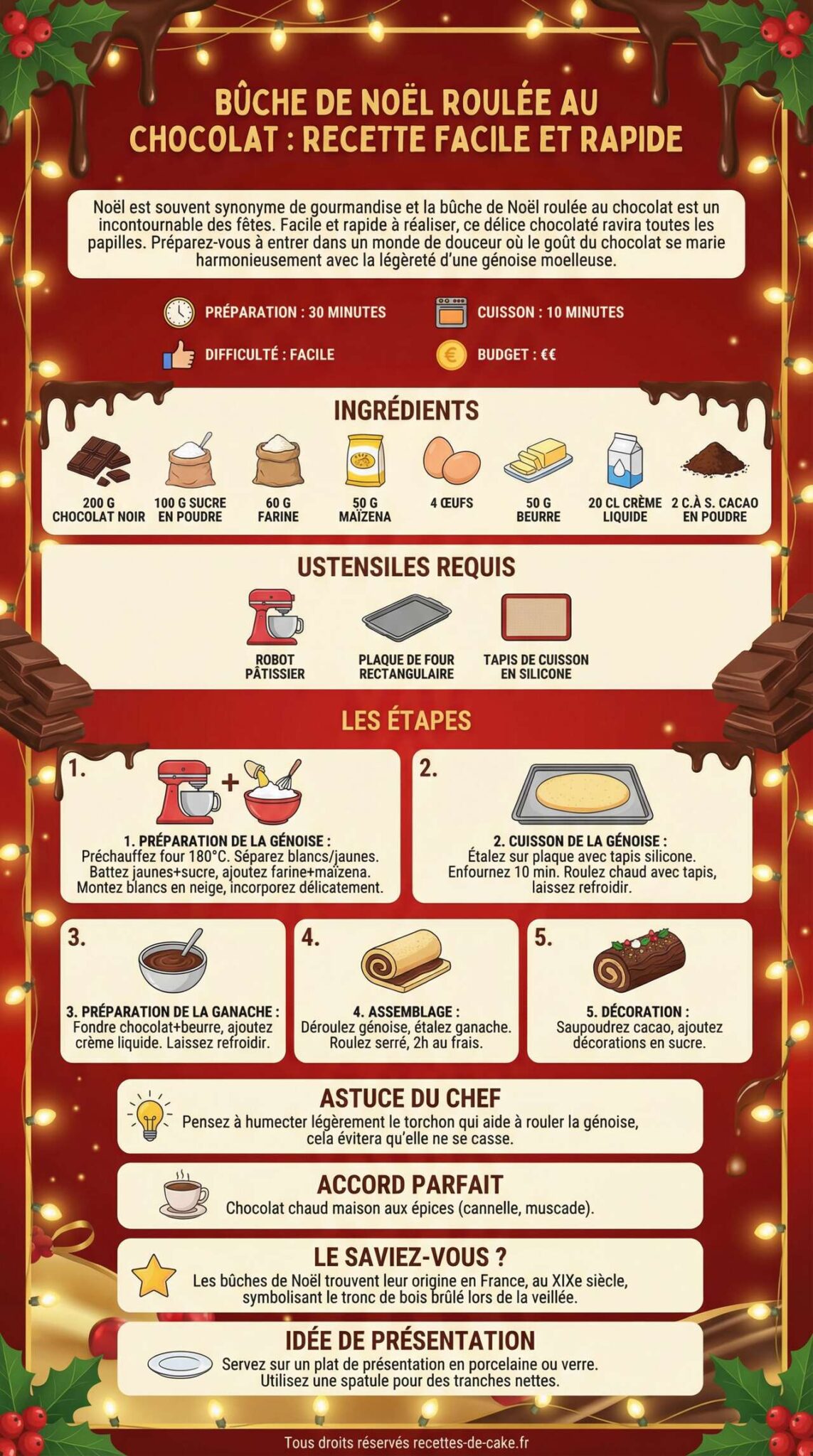Infographie de la recette Bûche de Noël roulée au chocolat : recette facile et rapide Infographie de la recette Bûche de Noël roulée au chocolat : recette facile et rapide