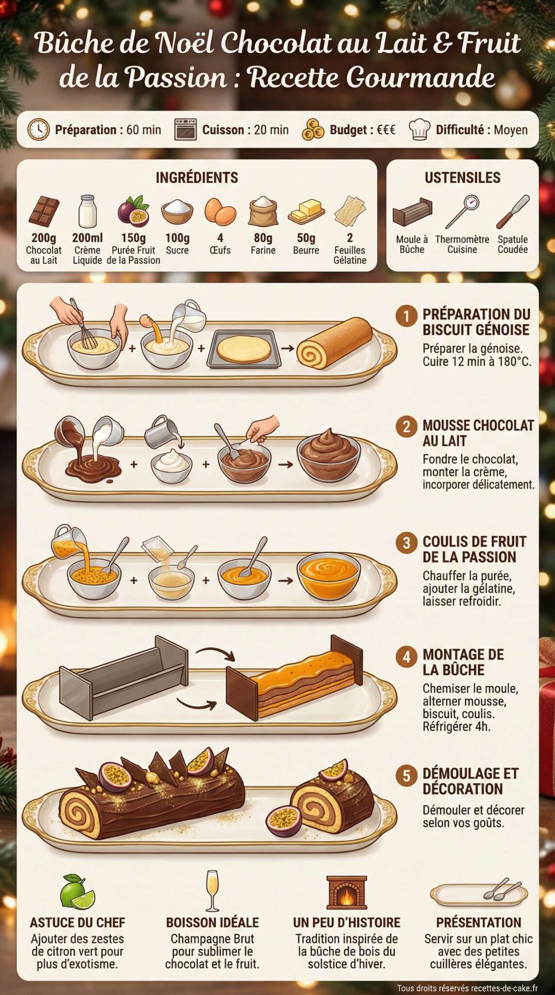 Infographie de la recette Bûche de Noël chocolat au lait et fruit de la passion : recette gourmande Infographie de la recette Bûche de Noël chocolat au lait et fruit de la passion : recette gourmande