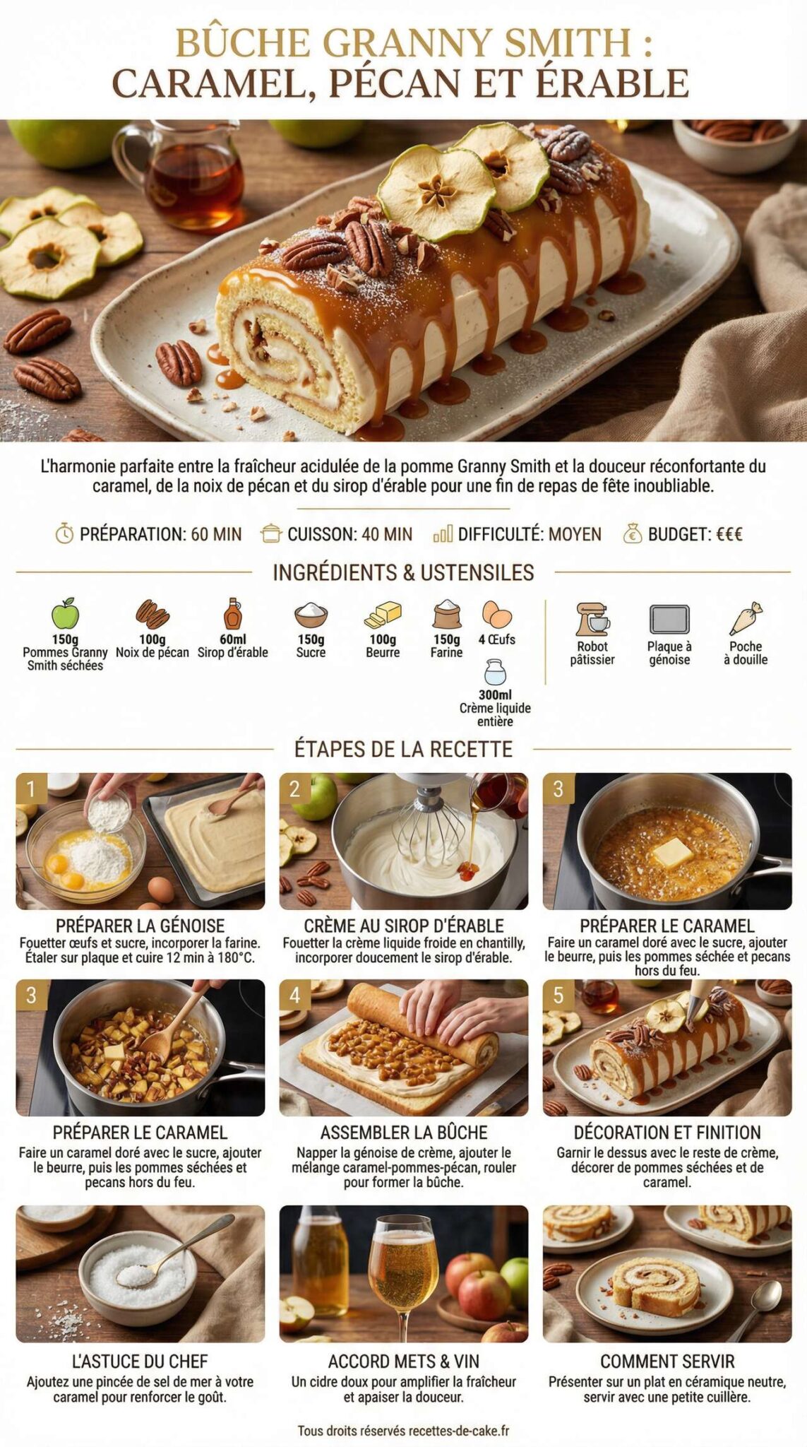 Infographie de la recette Bûche Granny Smith : caramel, pécan et Érable Infographie de la recette Bûche Granny Smith : caramel, pécan et Érable