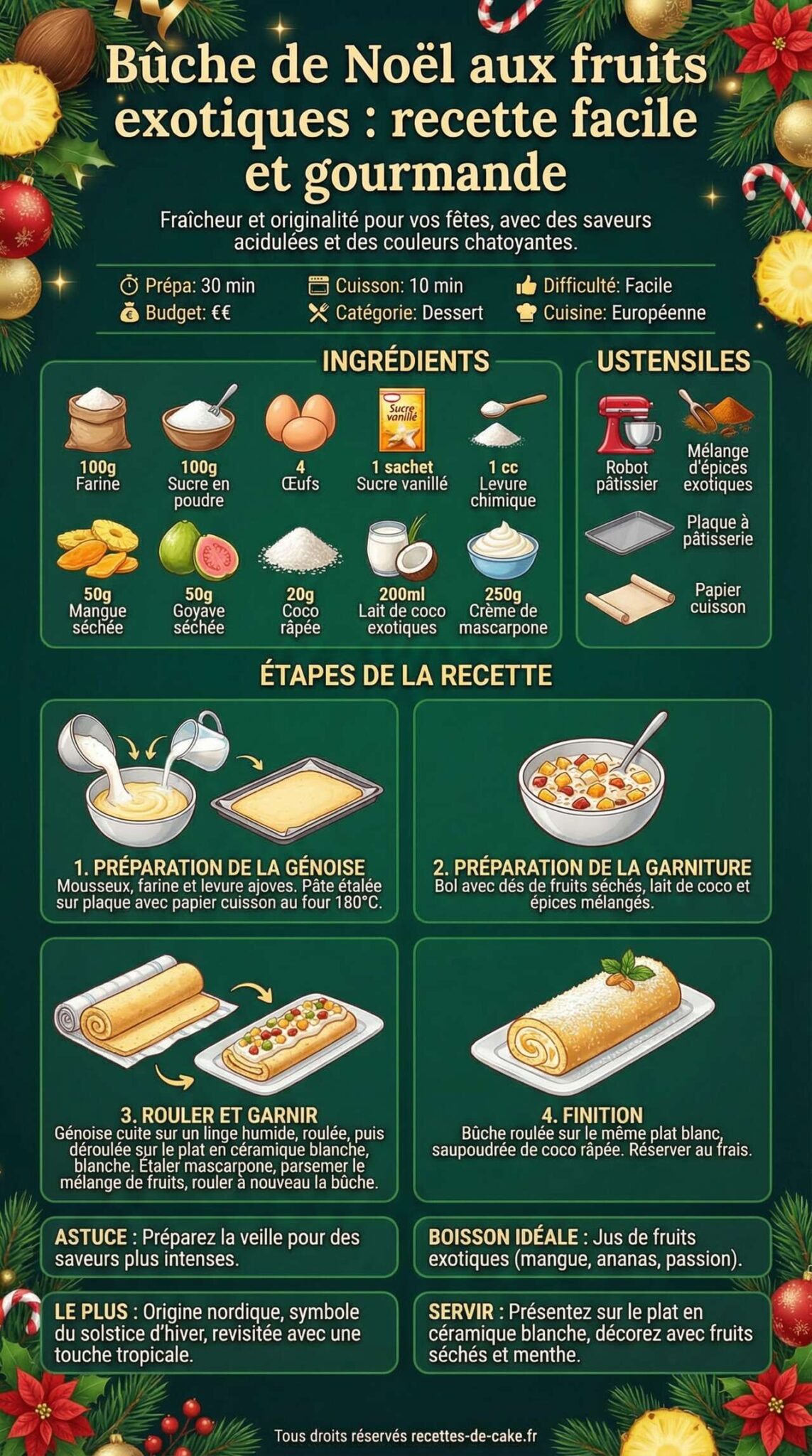 Infographie de la recette Bûche de Noël aux fruits exotiques : recette facile et gourmande Infographie de la recette Bûche de Noël aux fruits exotiques : recette facile et gourmande