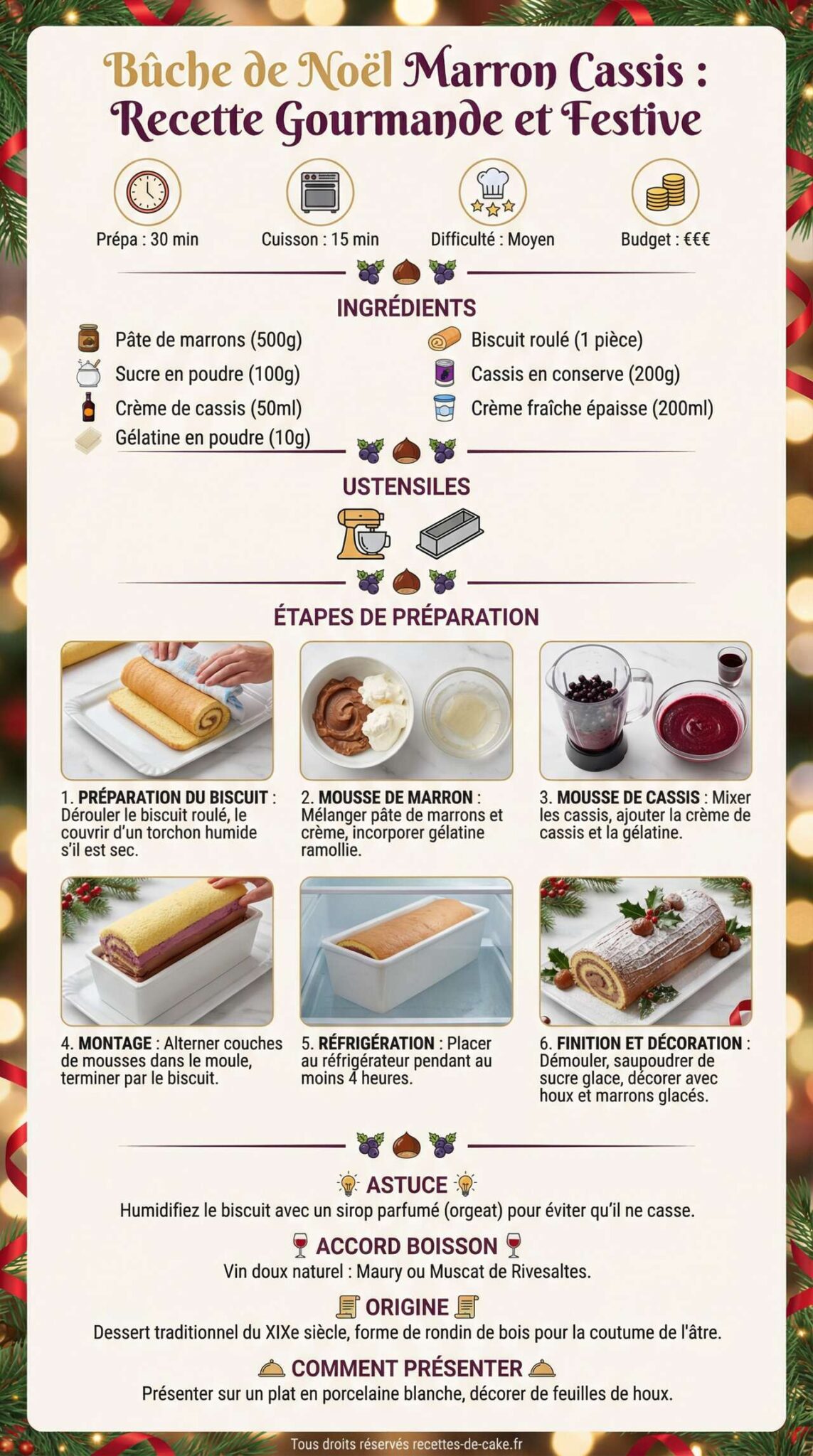 Fiche recette Bûche de Noël Marron Cassis : recette Gourmande et Festive Fiche recette Bûche de Noël Marron Cassis : recette Gourmande et Festive