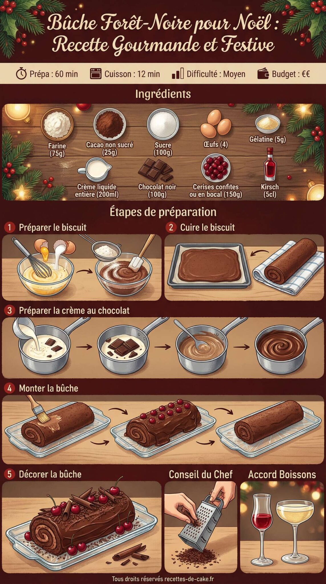 Fiche recette Bûche forêt-noire pour Noël : recette gourmande et festive Fiche recette Bûche forêt-noire pour Noël : recette gourmande et festive