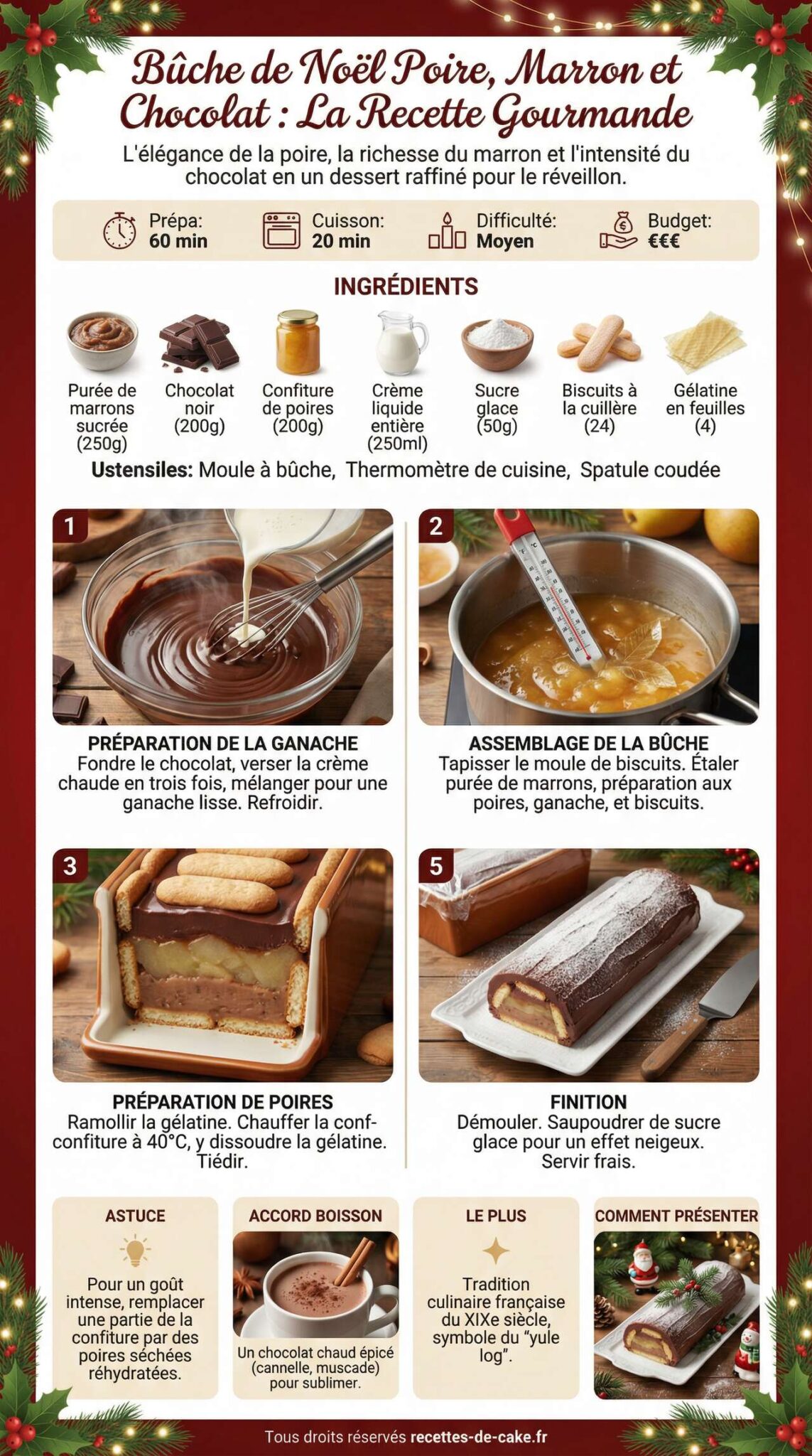 Fiche recette Bûche de Noël poire, marron et chocolat : la recette gourmande Fiche recette Bûche de Noël poire, marron et chocolat : la recette gourmande