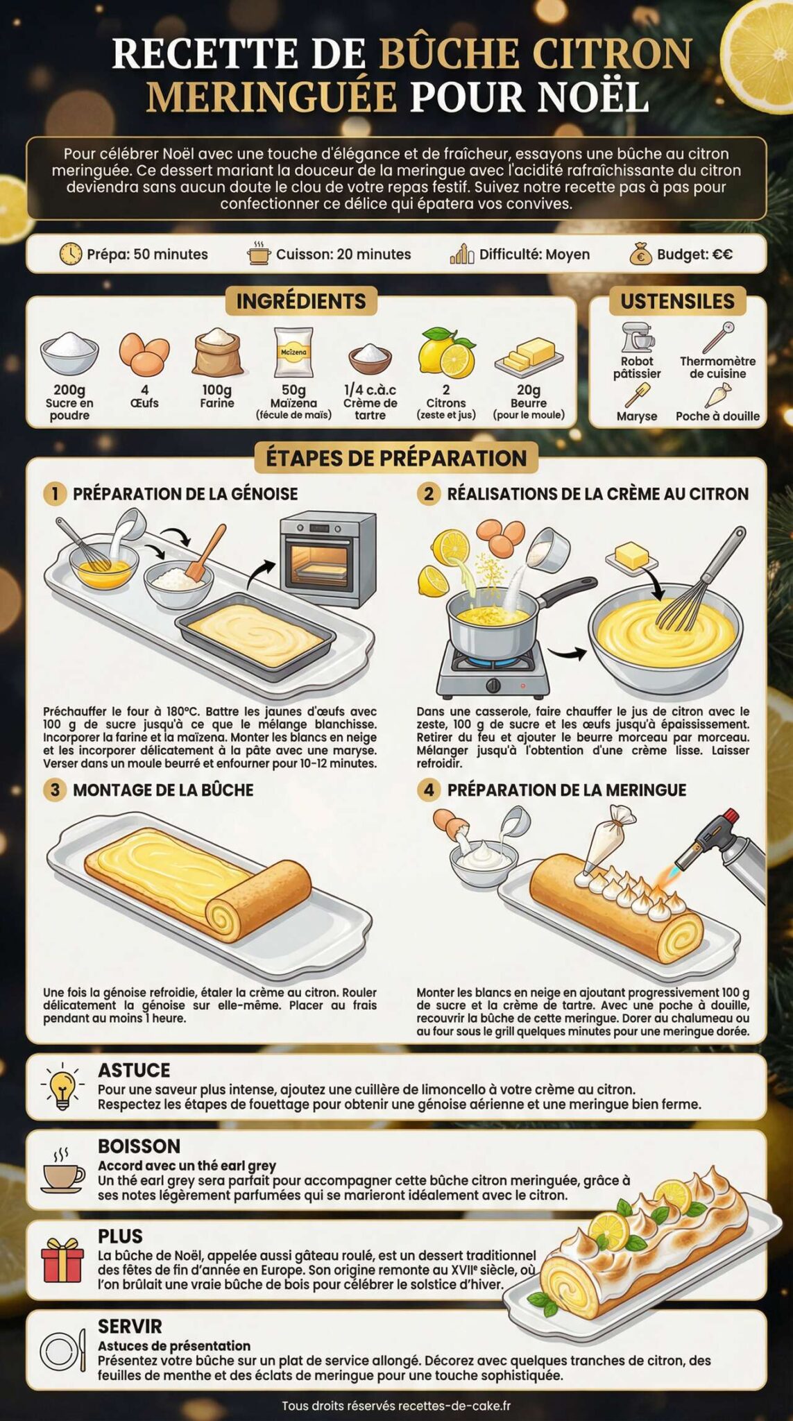 Fiche recette Recette de bûche citron meringuée pour Noël Fiche recette Recette de bûche citron meringuée pour Noël