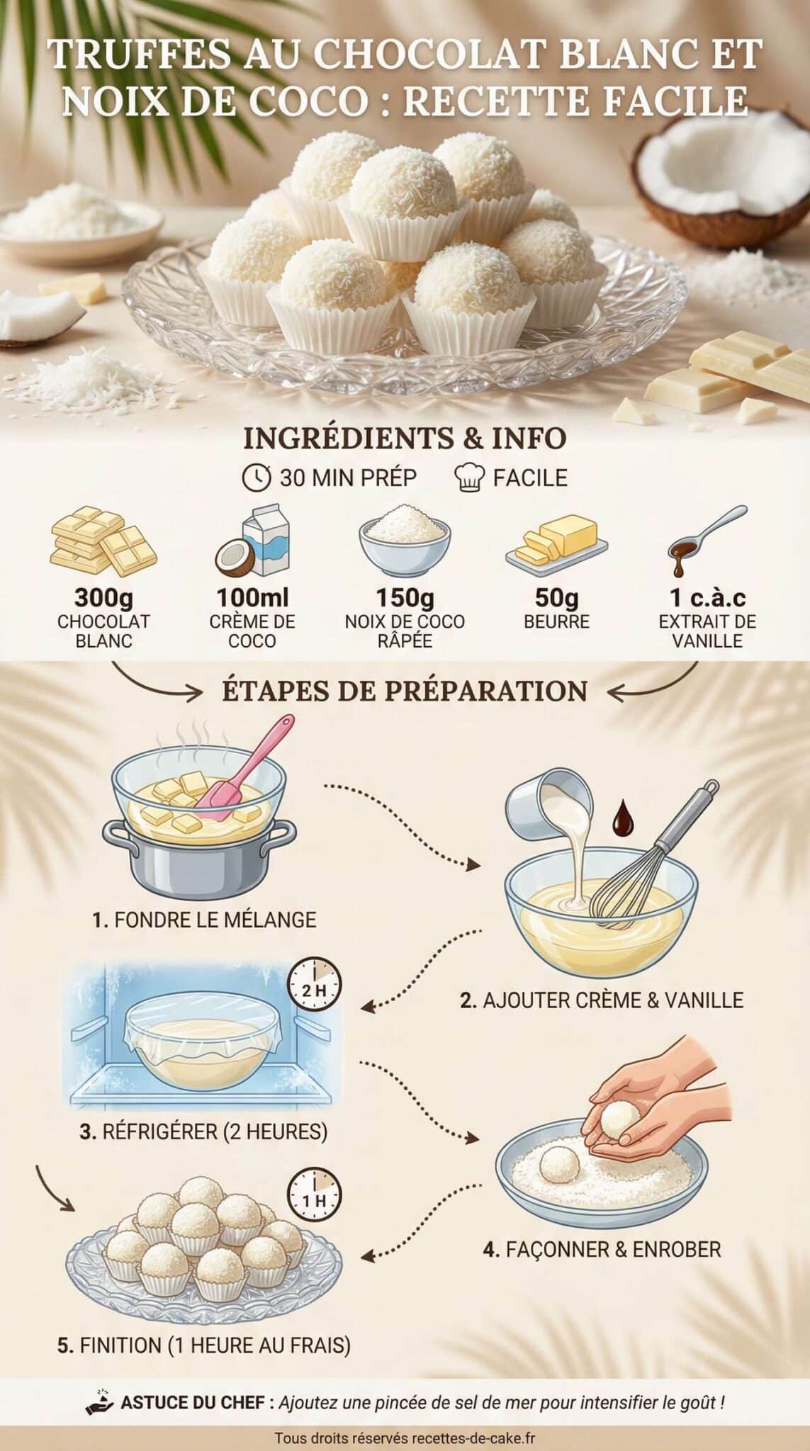 Fiche recette Truffes au chocolat blanc et noix de coco : recette facile Fiche recette Truffes au chocolat blanc et noix de coco : recette facile