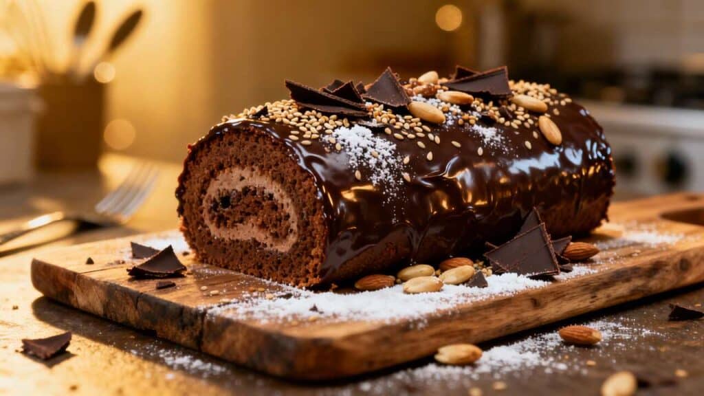 Bûche Black Satin : chocolat Praliné Sésame Noir et Pignons, sans Gluten