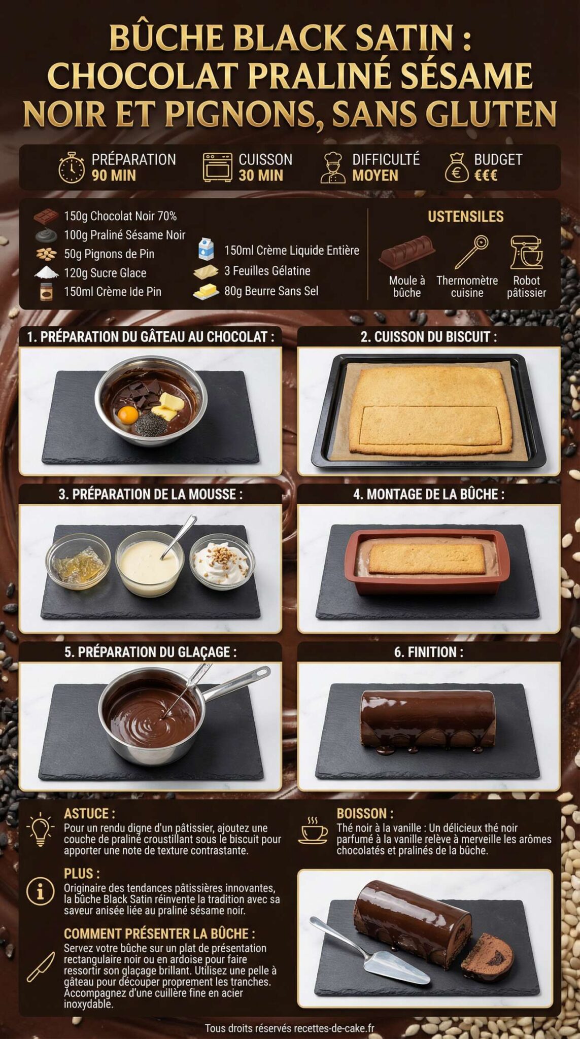 Fiche recette Bûche Black Satin : chocolat Praliné Sésame Noir et Pignons, sans Gluten Fiche recette Bûche Black Satin : chocolat Praliné Sésame Noir et Pignons, sans Gluten