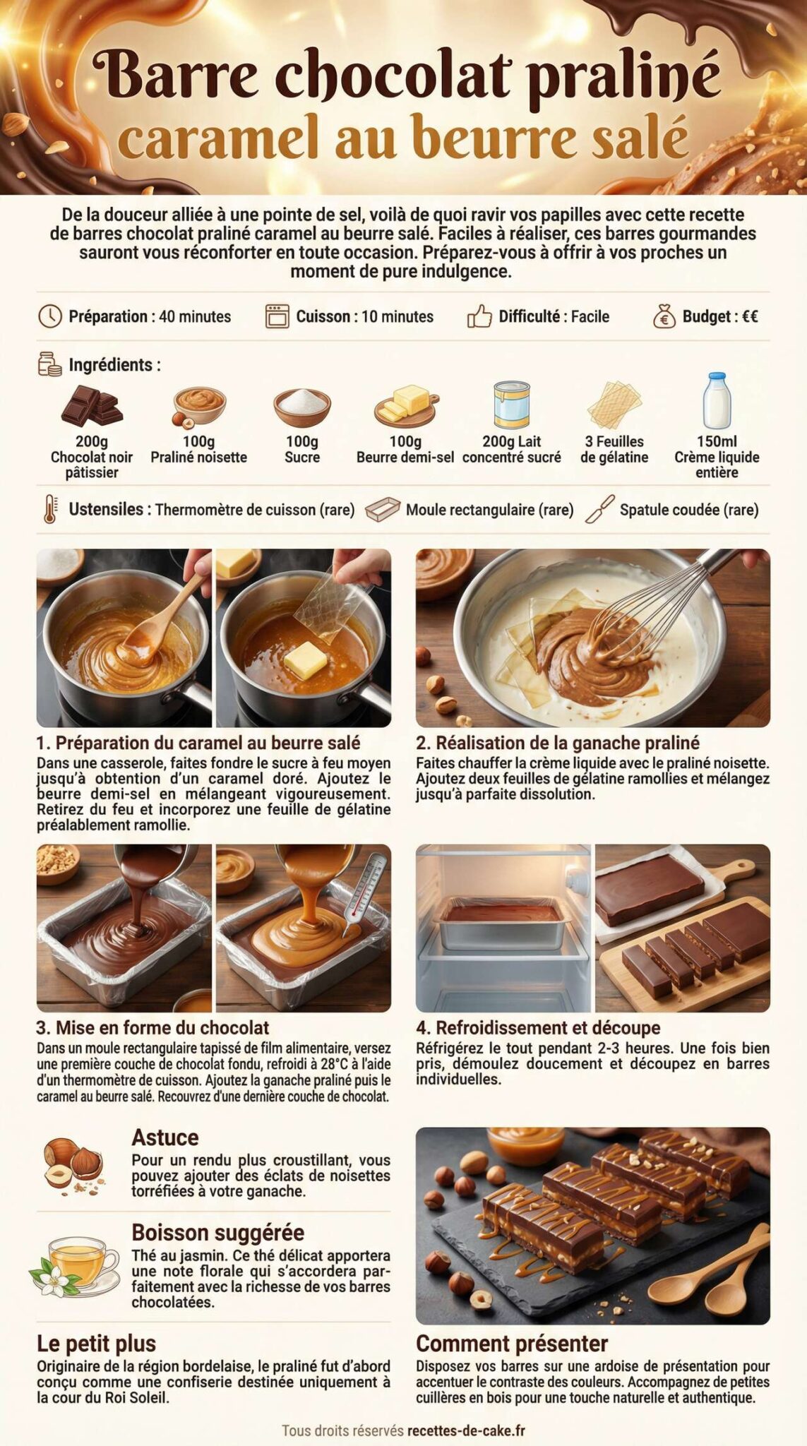 Fiche recette Barre chocolat praliné caramel au beurre salé : recette gourmande et facile Fiche recette Barre chocolat praliné caramel au beurre salé : recette gourmande et facile