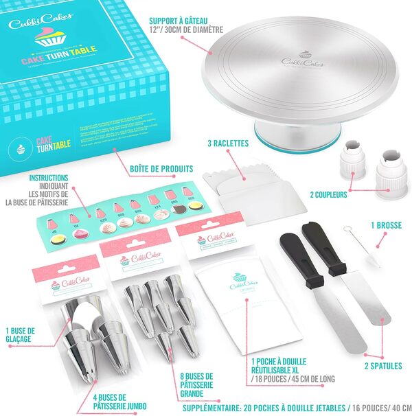 Kit de décoration de gâteau (42 pièces) avec plateau rotatif + 13 grandes douilles + manche à pâtisserie réutilisable (+20 jetables) + 2 spatules + 3 palettes lissantes + 2 coupleurs