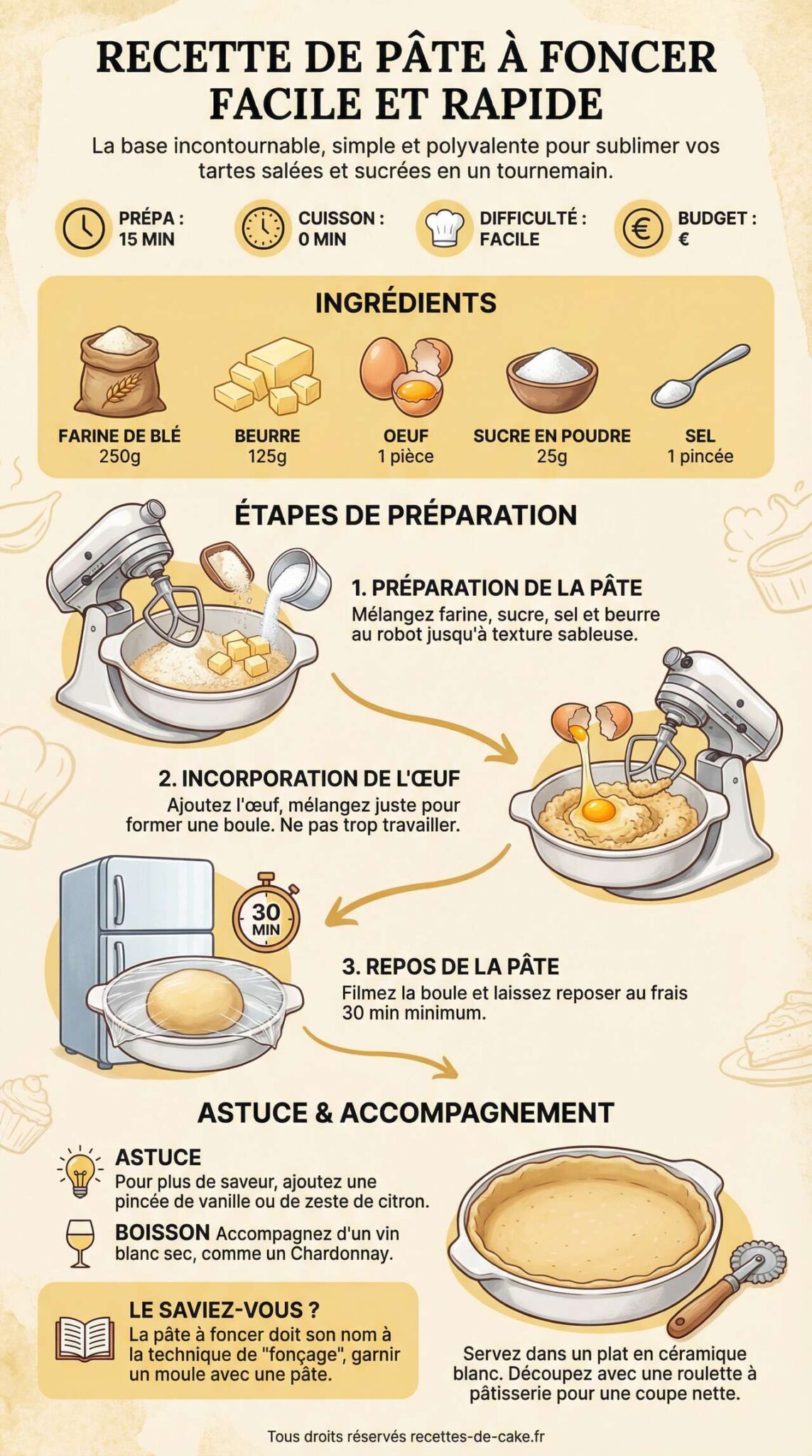 Fiche recette Recette de pâte à foncer facile et rapide Fiche recette Recette de pâte à foncer facile et rapide