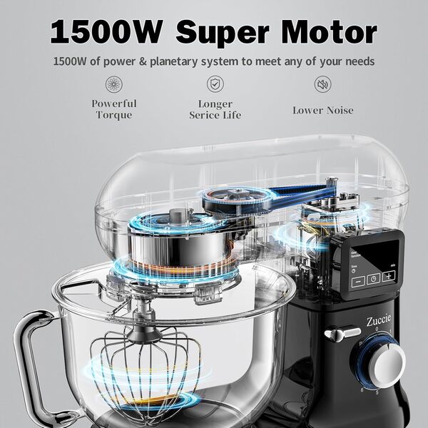 Robot PĆ¢tissier Zuccie 1500W 5.5L Bol d'Acier Inoxydable Professionnel Robot patissier,Ćcran LCD,Avec Crochet PĆ©trisseur,Batteur,Fouet Ć Fil,protection contre les Ć©claboussures,6 Vitesses