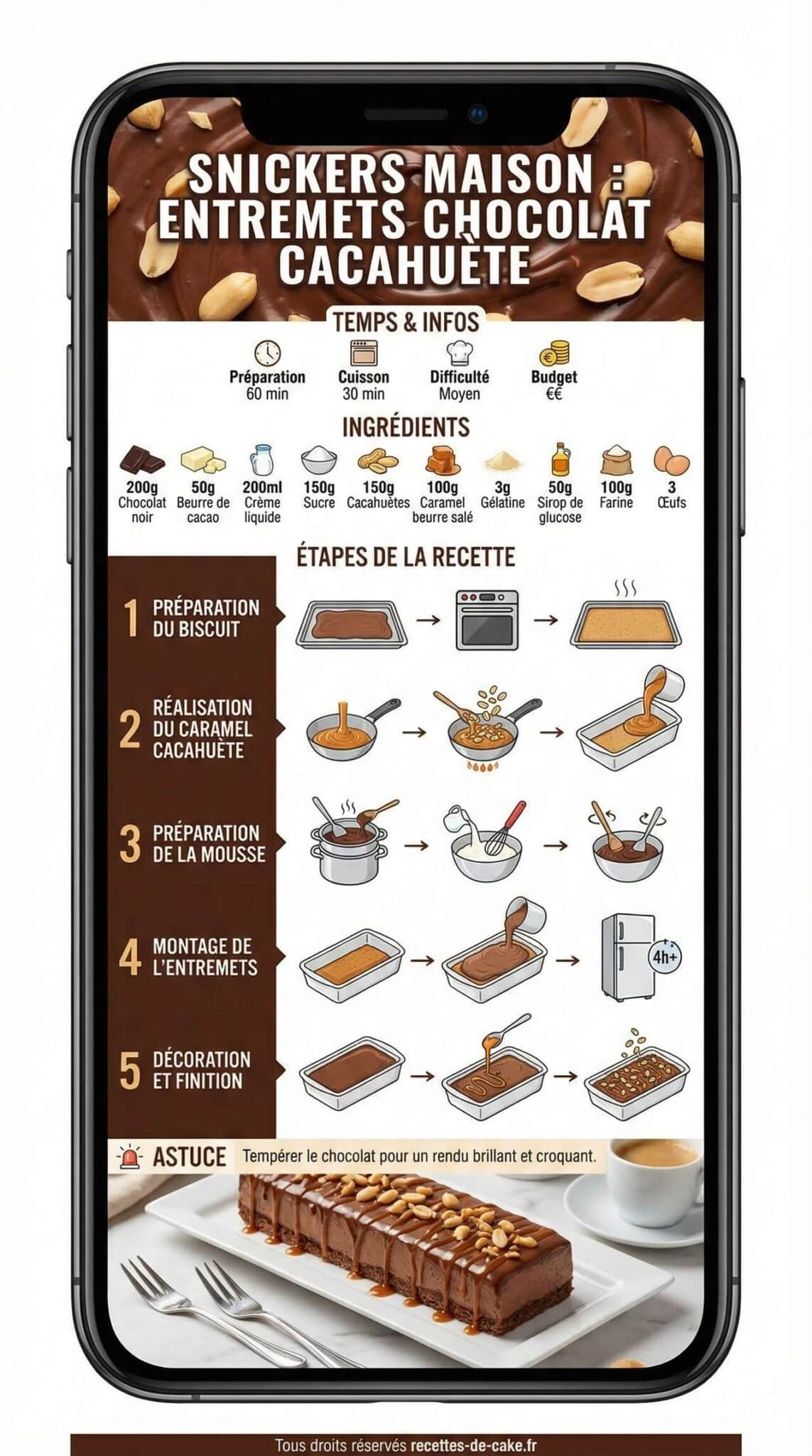 Fiche recette Snickers maison : entremets chocolat cacahuète Fiche recette Snickers maison : entremets chocolat cacahuète