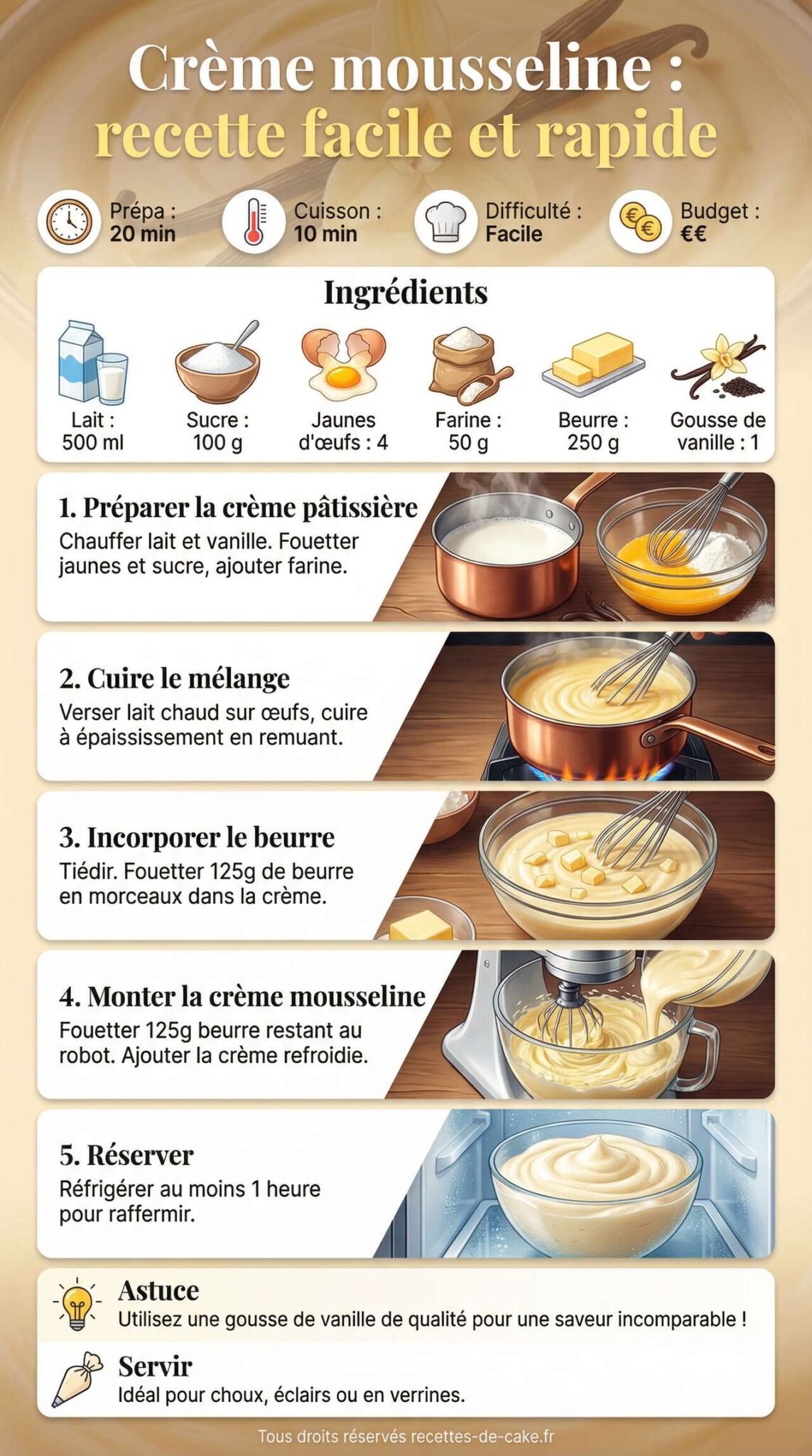 Fiche recette Crème mousseline : recette facile et rapide Fiche recette Crème mousseline : recette facile et rapide