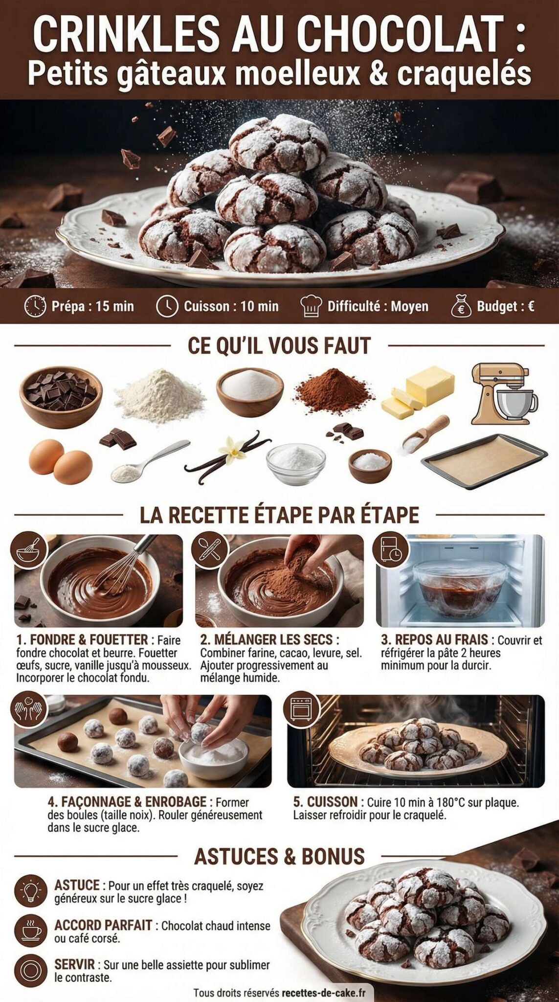 Fiche recette Crinkles au chocolat : recette de petits gâteaux moelleux Fiche recette Crinkles au chocolat : recette de petits gâteaux moelleux