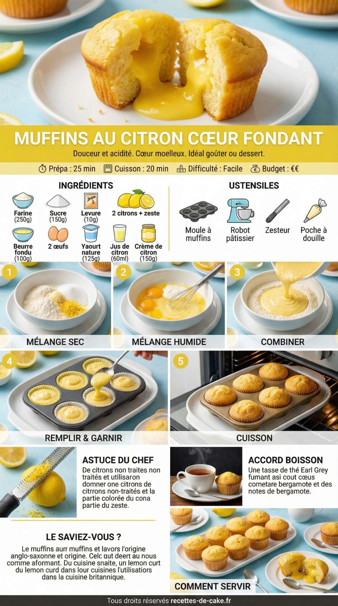 Fiche recette Muffins au citron cœur fondant : recette gourmande Fiche recette Muffins au citron cœur fondant : recette gourmande