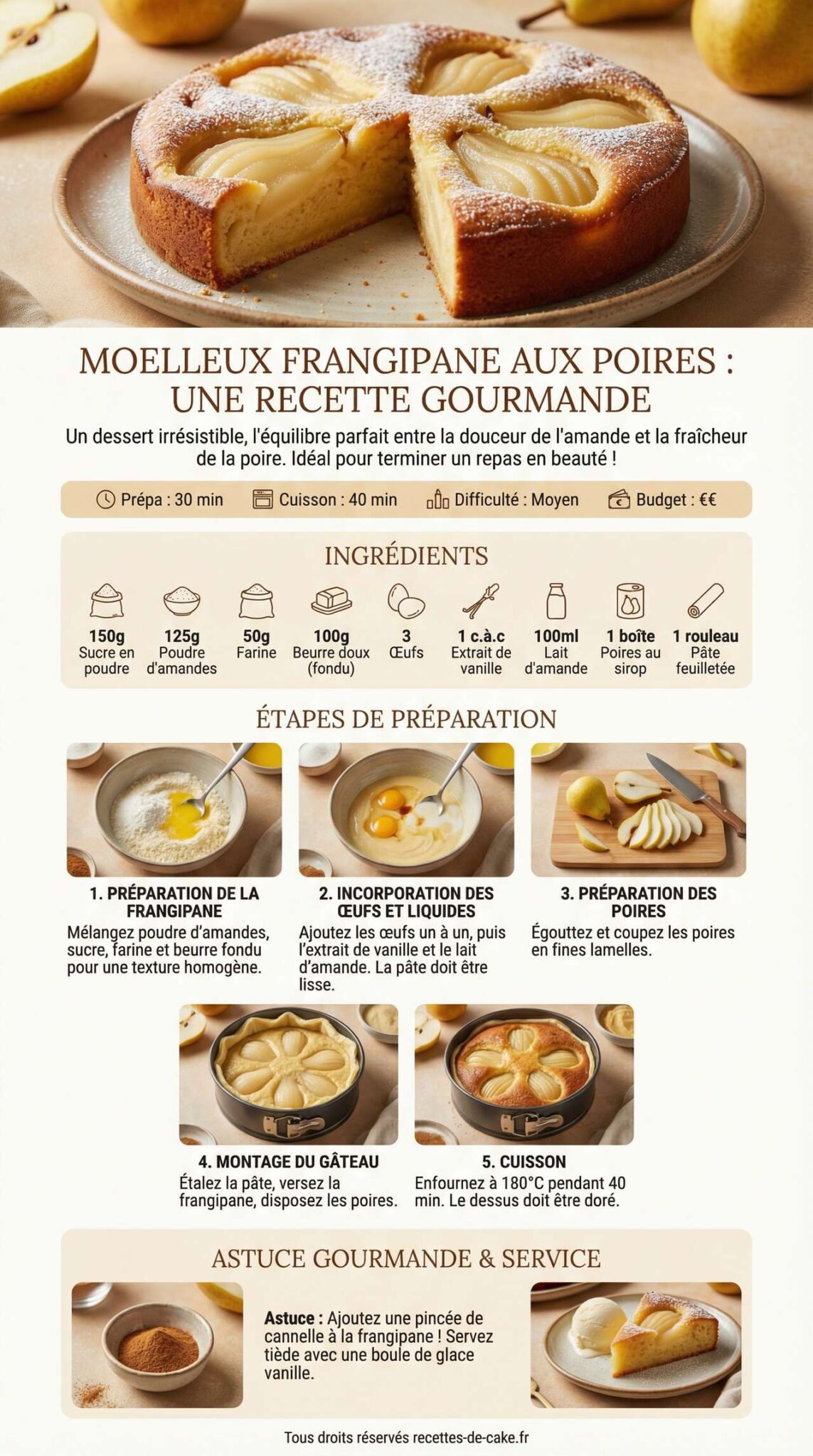 Fiche recette Moelleux frangipane aux poires : une recette gourmande Fiche recette Moelleux frangipane aux poires : une recette gourmande