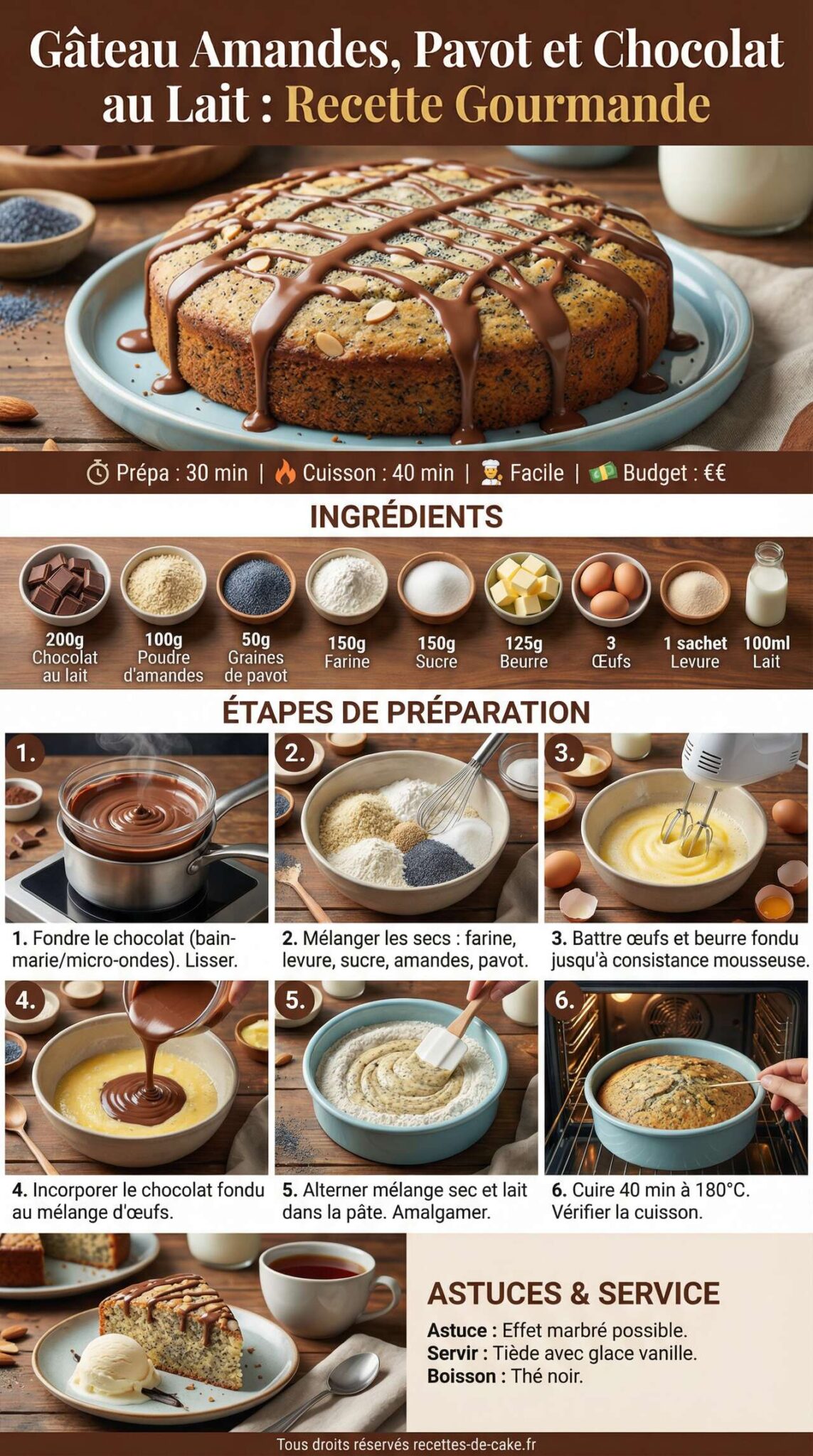 Fiche recette Gâteau amandes, pavot et chocolat au lait : recette gourmande Fiche recette Gâteau amandes, pavot et chocolat au lait : recette gourmande