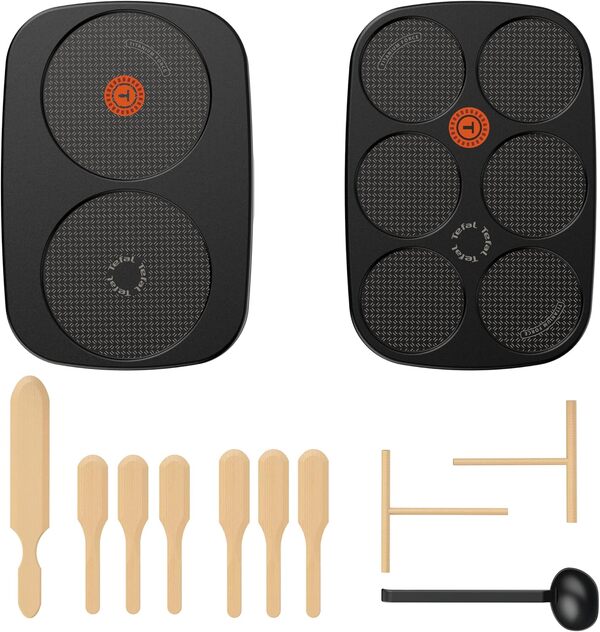 Tefal Crêpière électrique, 2 plaques amovibles antiadhésives, Température réglable, Crêpes, Pancakes, Louche, Répartiteur de pâte, Spatules, Fabriqué en France, Gourmet PY900812