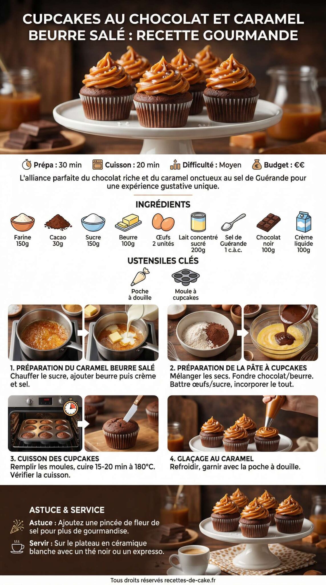 Fiche recette Cupcakes au chocolat et caramel beurre salé : recette gourmande Fiche recette Cupcakes au chocolat et caramel beurre salé : recette gourmande