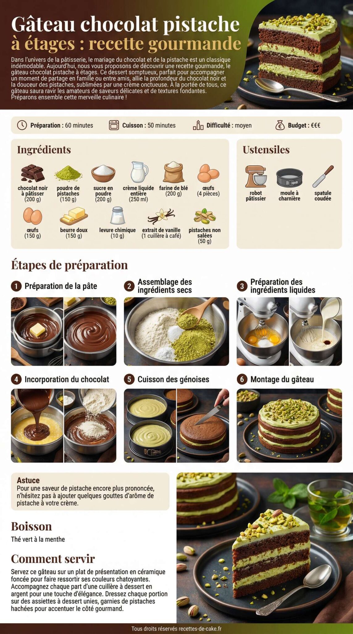 Fiche recette Gâteau chocolat pistache à étages : recette gourmande Fiche recette Gâteau chocolat pistache à étages : recette gourmande
