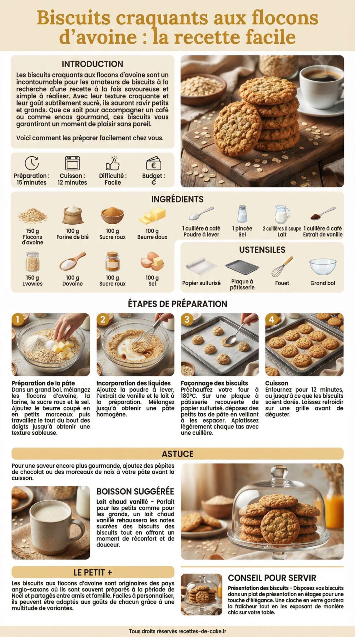 Fiche recette Biscuits craquants aux flocons d'avoine : la recette facile Fiche recette Biscuits craquants aux flocons d'avoine : la recette facile