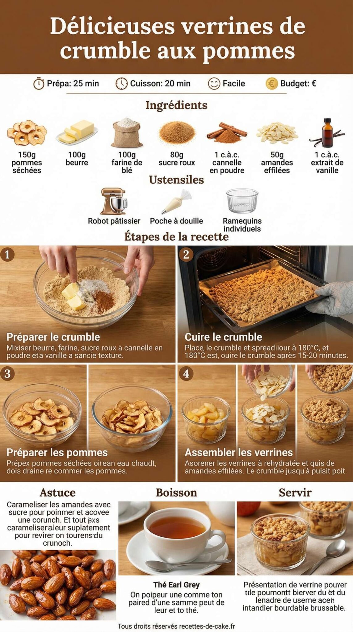 Fiche recette Délicieuses verrines de crumble aux pommes : recette gourmande à savourer Fiche recette Délicieuses verrines de crumble aux pommes : recette gourmande à savourer