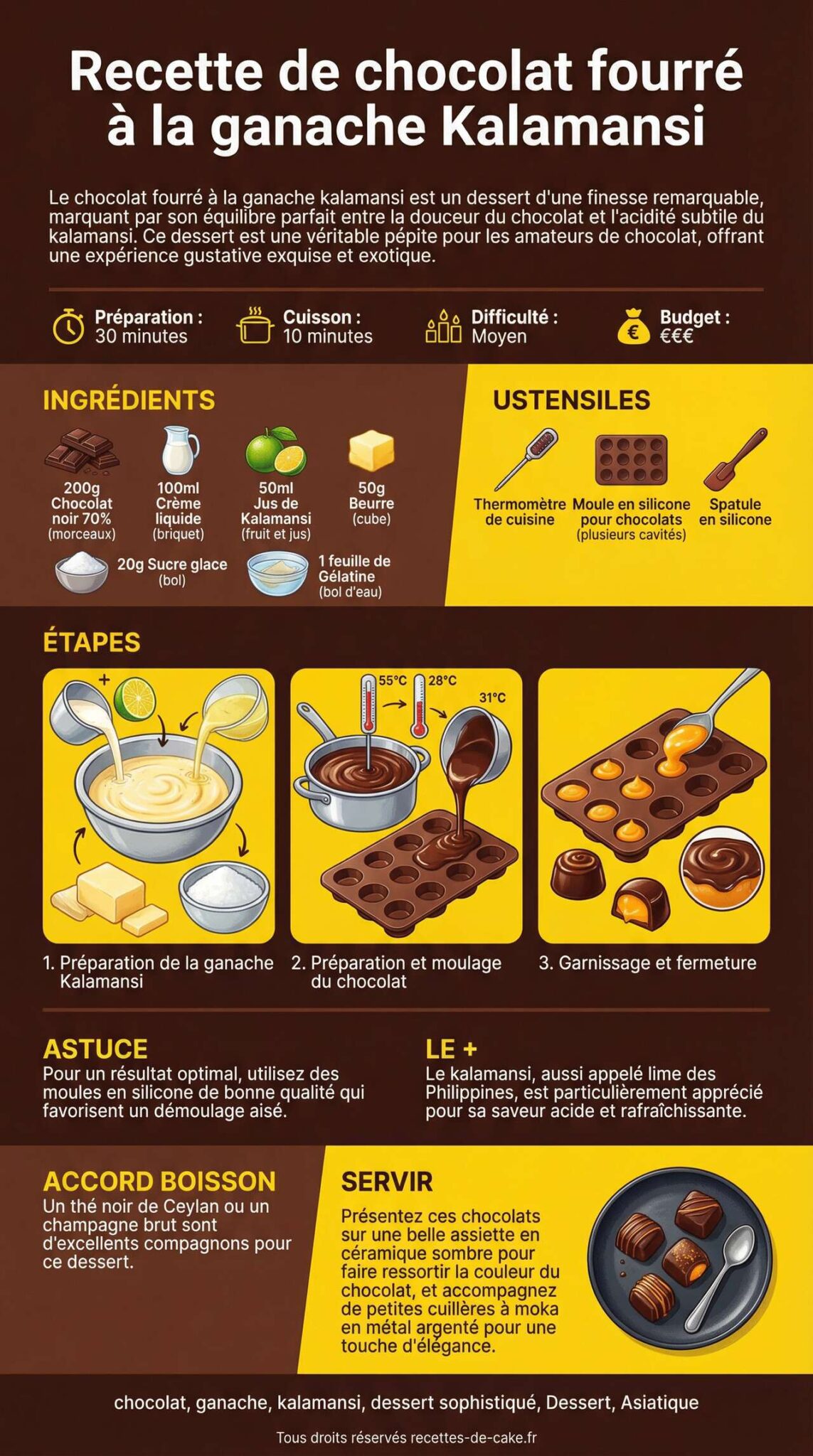 Fiche recette Recette de chocolat fourré à la ganache Kalamansi Fiche recette Recette de chocolat fourré à la ganache Kalamansi