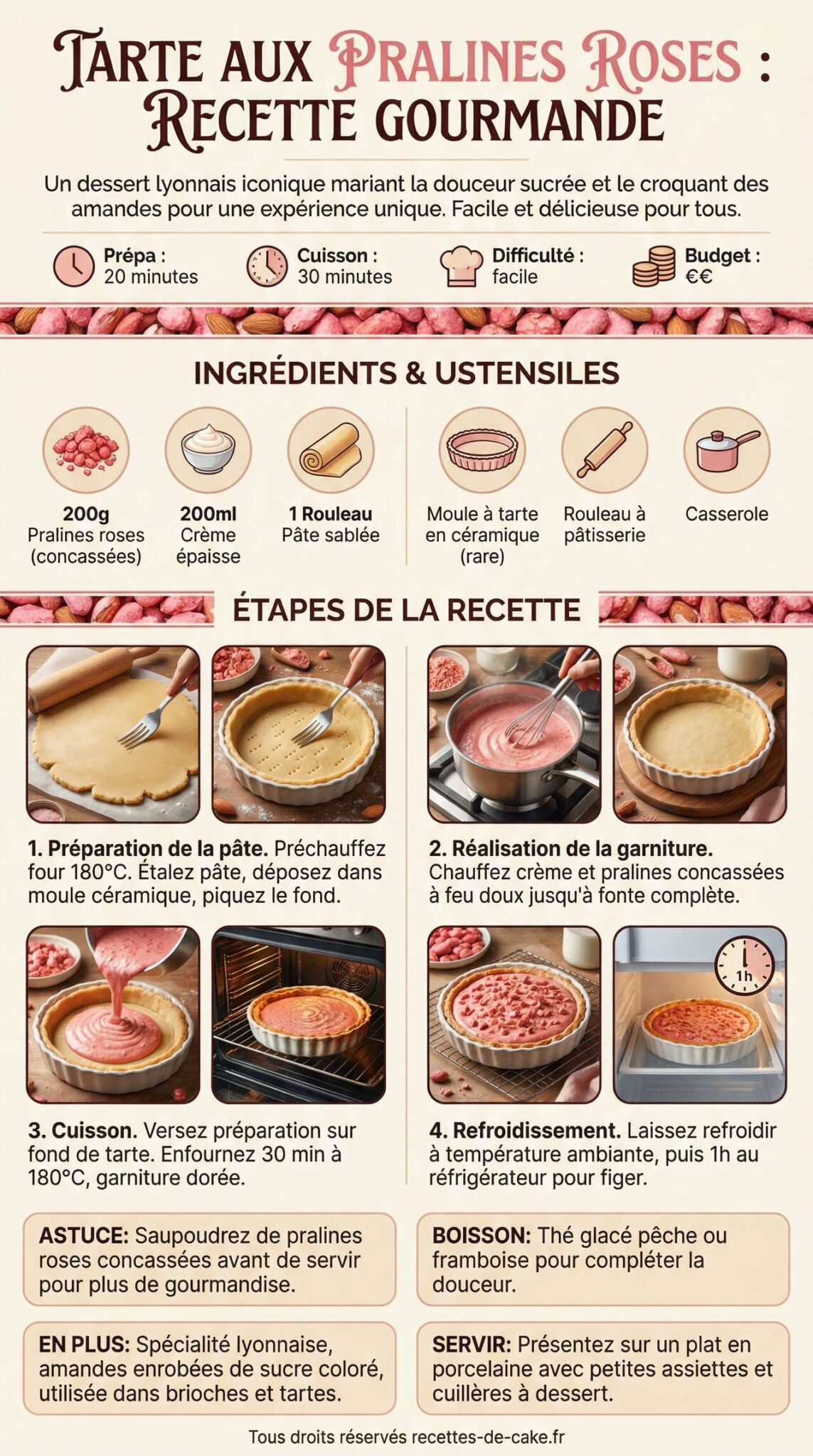 Fiche recette Tarte aux pralines roses : recette gourmande Fiche recette Tarte aux pralines roses : recette gourmande