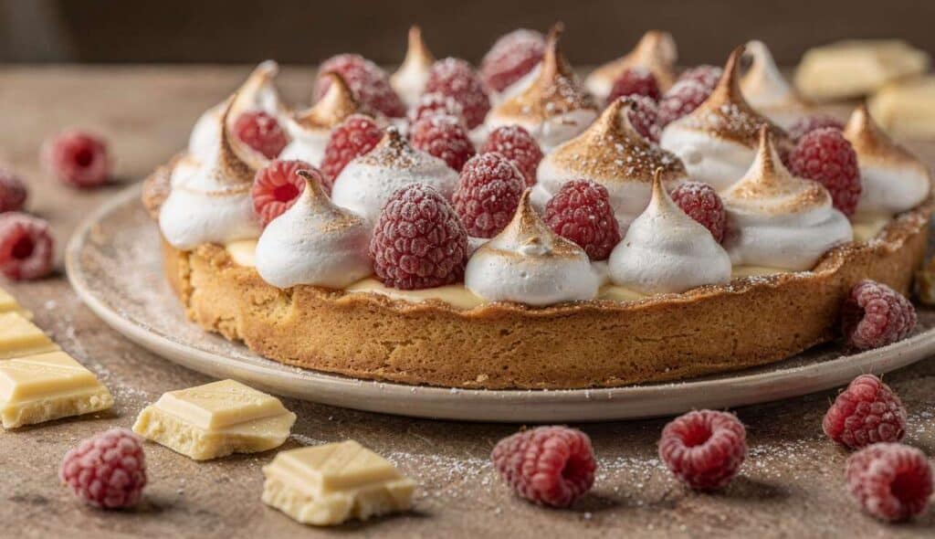 Tarte framboises chocolat blanc meringuée : recette gourmande