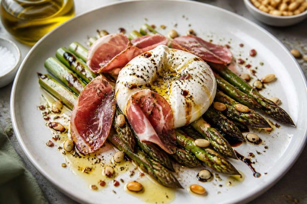 Asperges poêlées à la burrata et coppa : une recette savoureuse