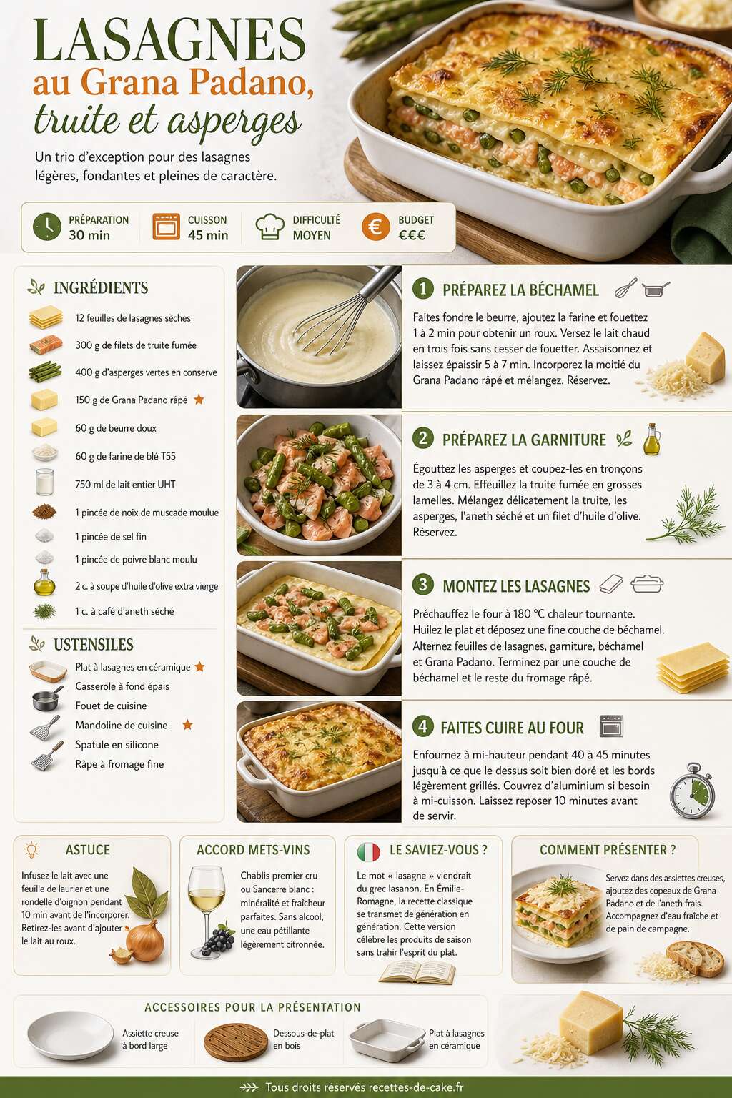 Fiche recette Recette lasagnes au Grana Padano, truite et asperges Fiche recette Recette lasagnes au Grana Padano, truite et asperges