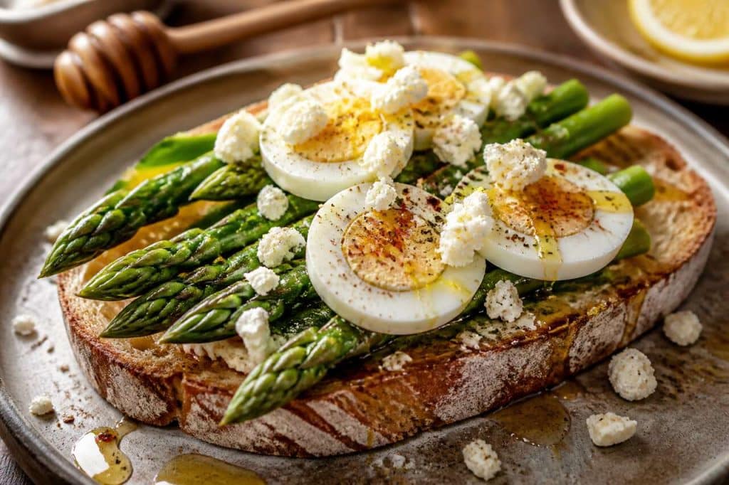 Recette de tartine aux asperges, œuf dur et feta
