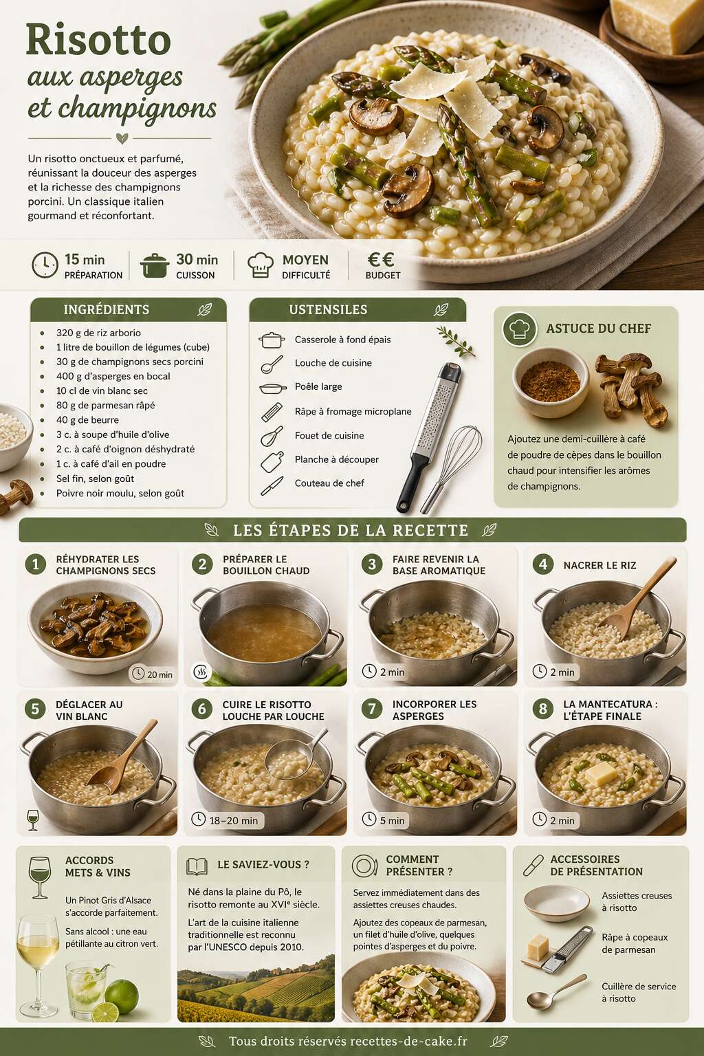 Fiche recette Recette de risotto aux asperges et champignons Fiche recette Recette de risotto aux asperges et champignons