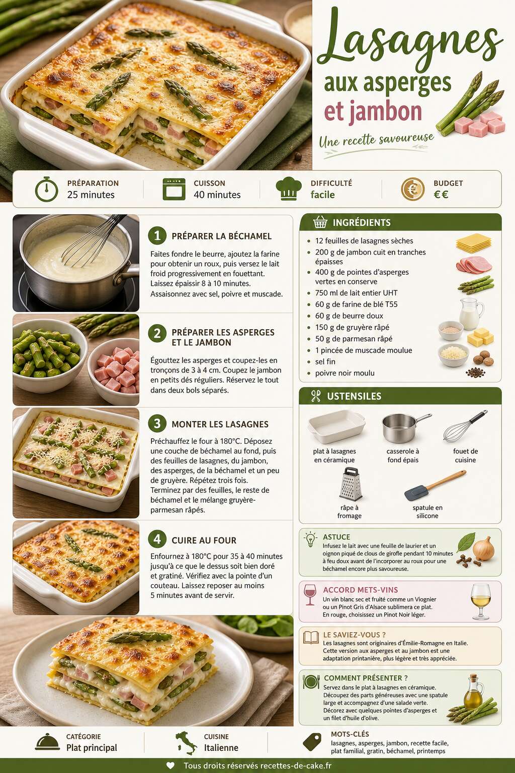 Fiche recette Lasagnes aux asperges et jambon : une recette savoureuse Fiche recette Lasagnes aux asperges et jambon : une recette savoureuse
