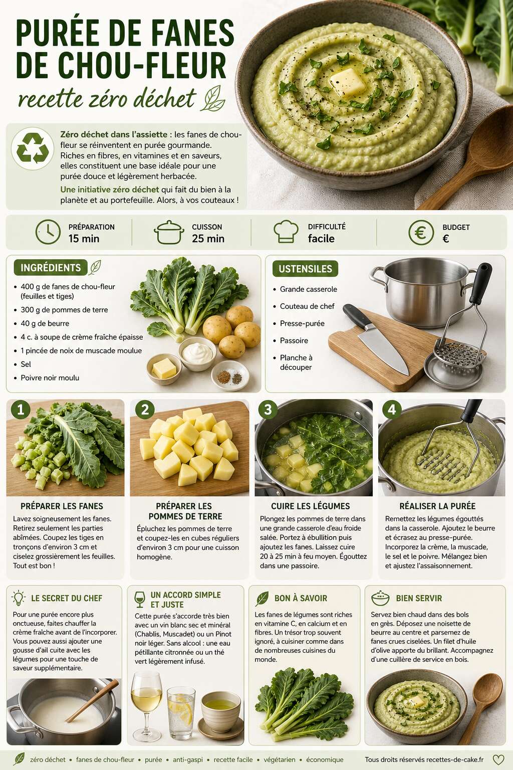 Fiche recette Purée de fanes de chou-fleur : recette zéro déchet Fiche recette Purée de fanes de chou-fleur : recette zéro déchet