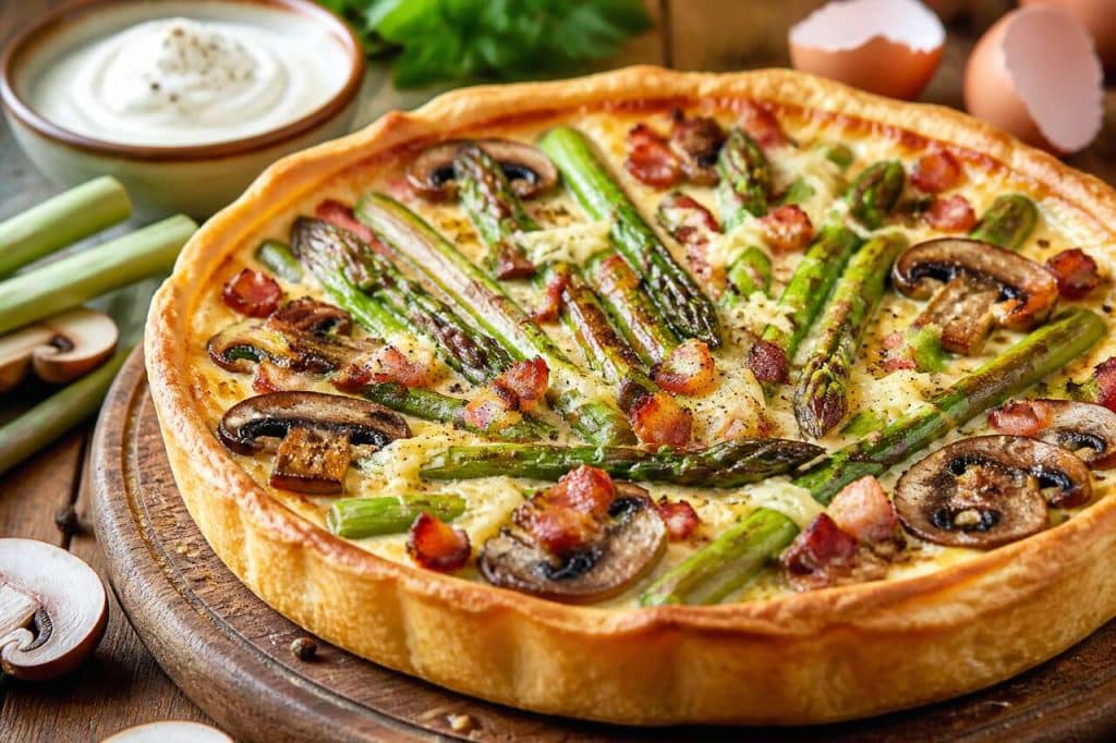 Tarte gourmande asperges, champignons et lardons