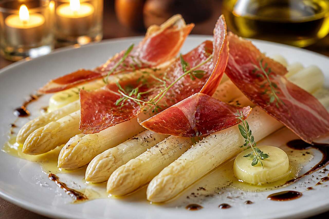 Recette d'asperges blanches et chips de jambon cru