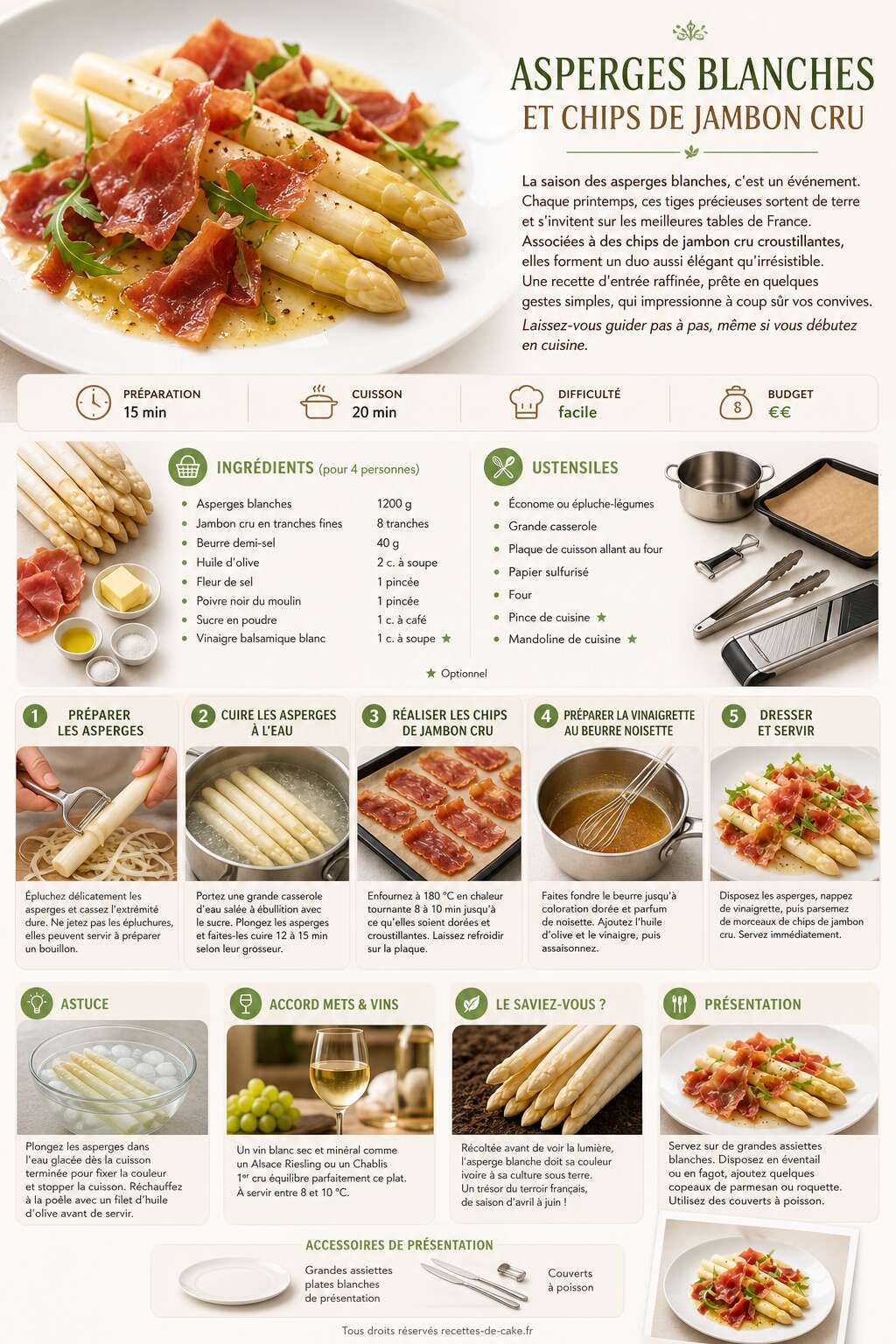 Fiche recette Recette d'asperges blanches et chips de jambon cru Fiche recette Recette d'asperges blanches et chips de jambon cru