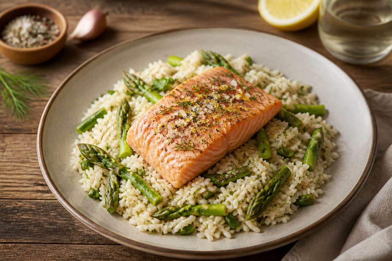 Riz aux asperges vertes et saumon : recette gourmande