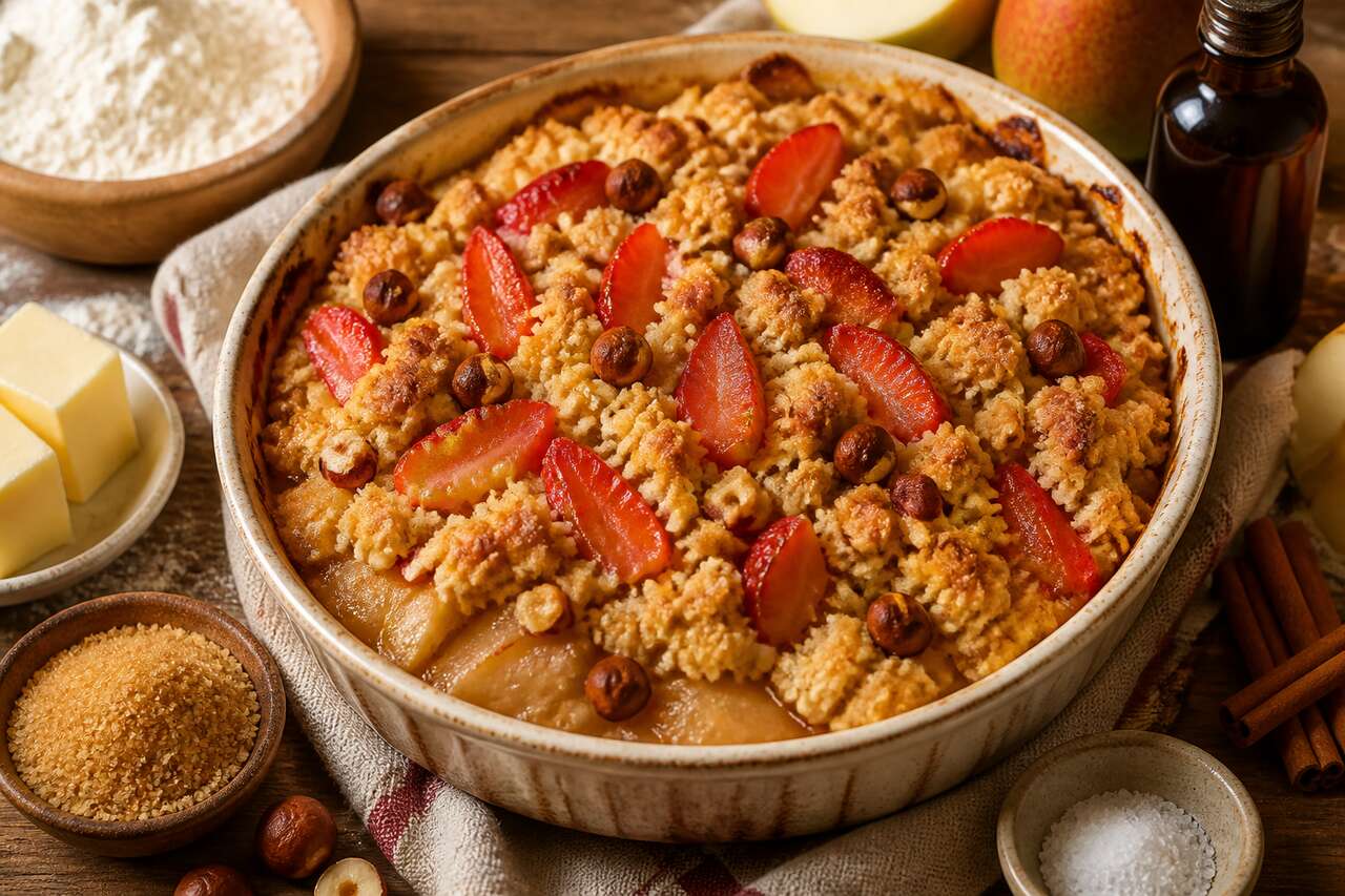 Crumble pomme-poire, fraises et noisettes : recette gourmande