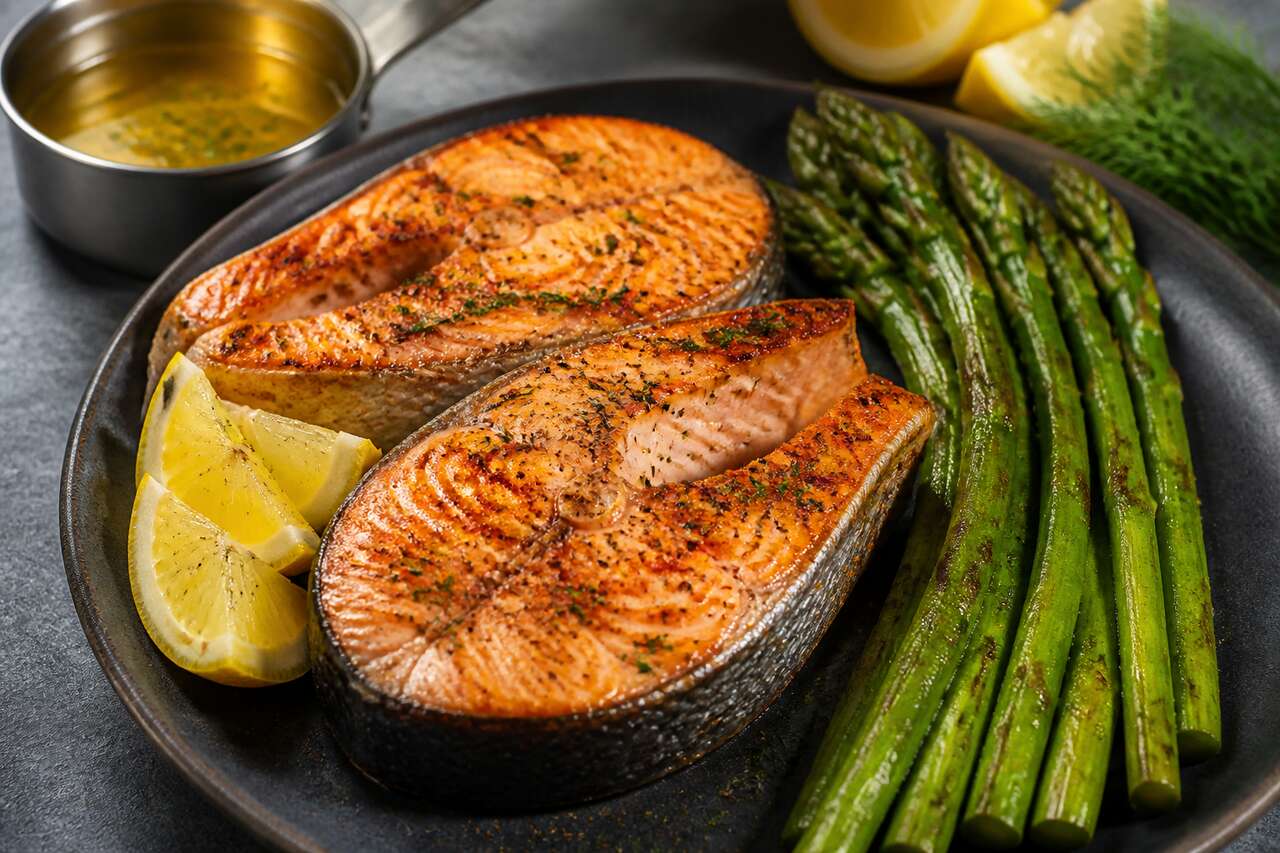 Darnes de saumon grillées aux asperges vertes : recette facile