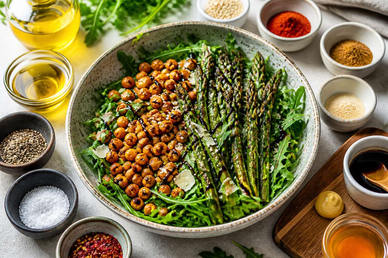 Asperges rôties : salade roquette et pois chiches au four